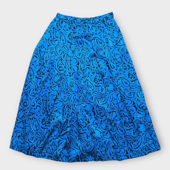 80s Silk Blue Black Leaf Block Boho Tribal Print Midi Skirt Modern Sz 4 - Picture 2 of 5